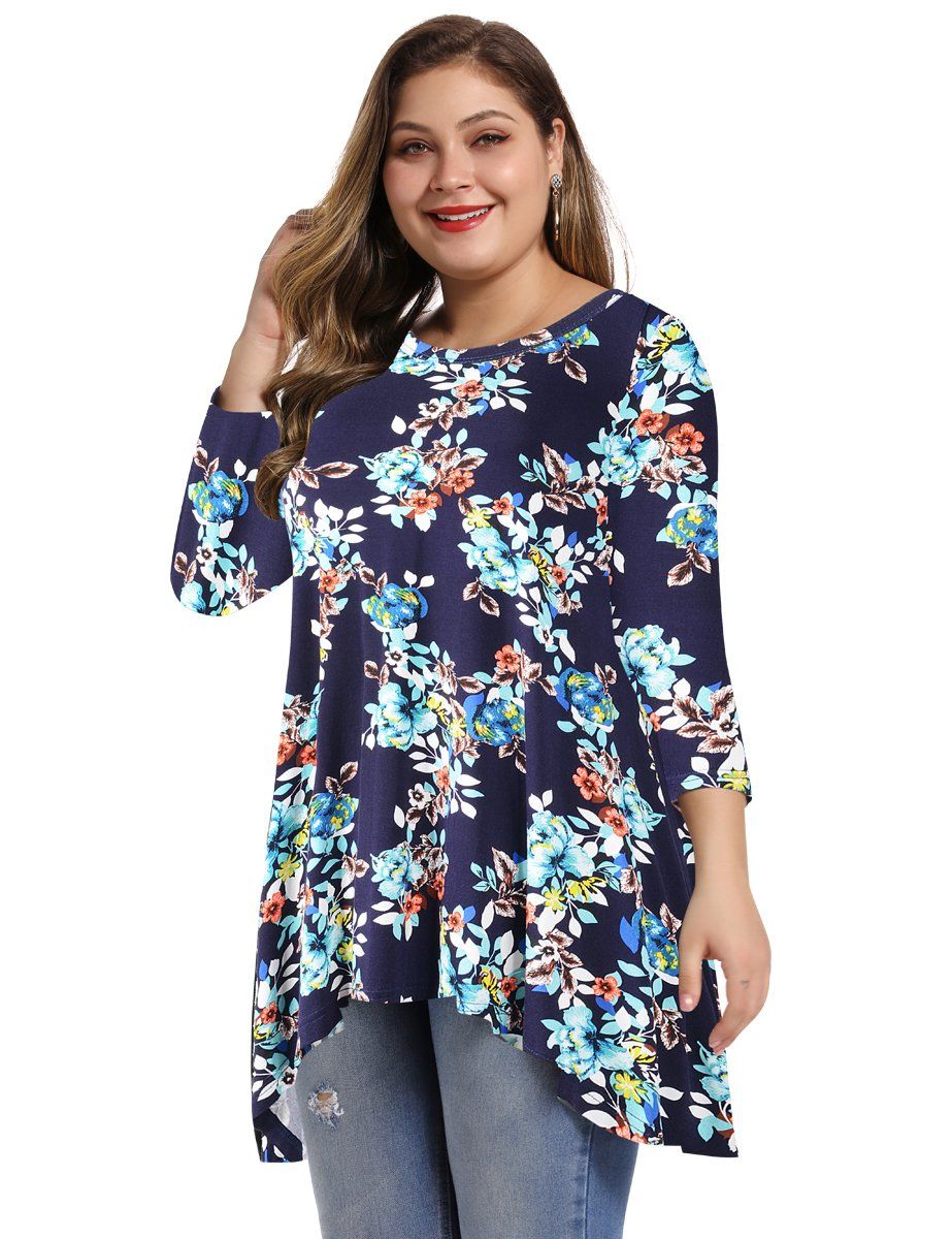 Women's Plus Size Tops floral printed 3/4 Sleeve Loose Fit Flare Swing Tunic -LARACE 8052.