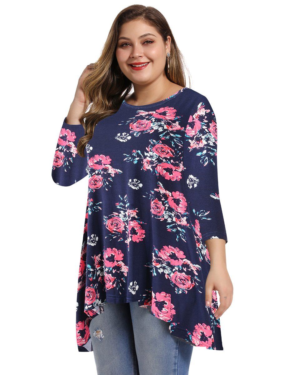 Women's Plus Size Tops floral printed 3/4 Sleeve Loose Fit Flare Swing Tunic -LARACE 8052.