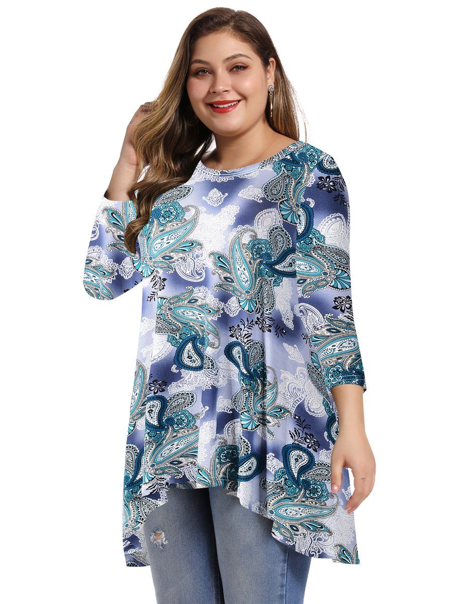Women's Plus Size Tops floral printed 3/4 Sleeve Loose Fit Flare Swing Tunic -LARACE 8052.