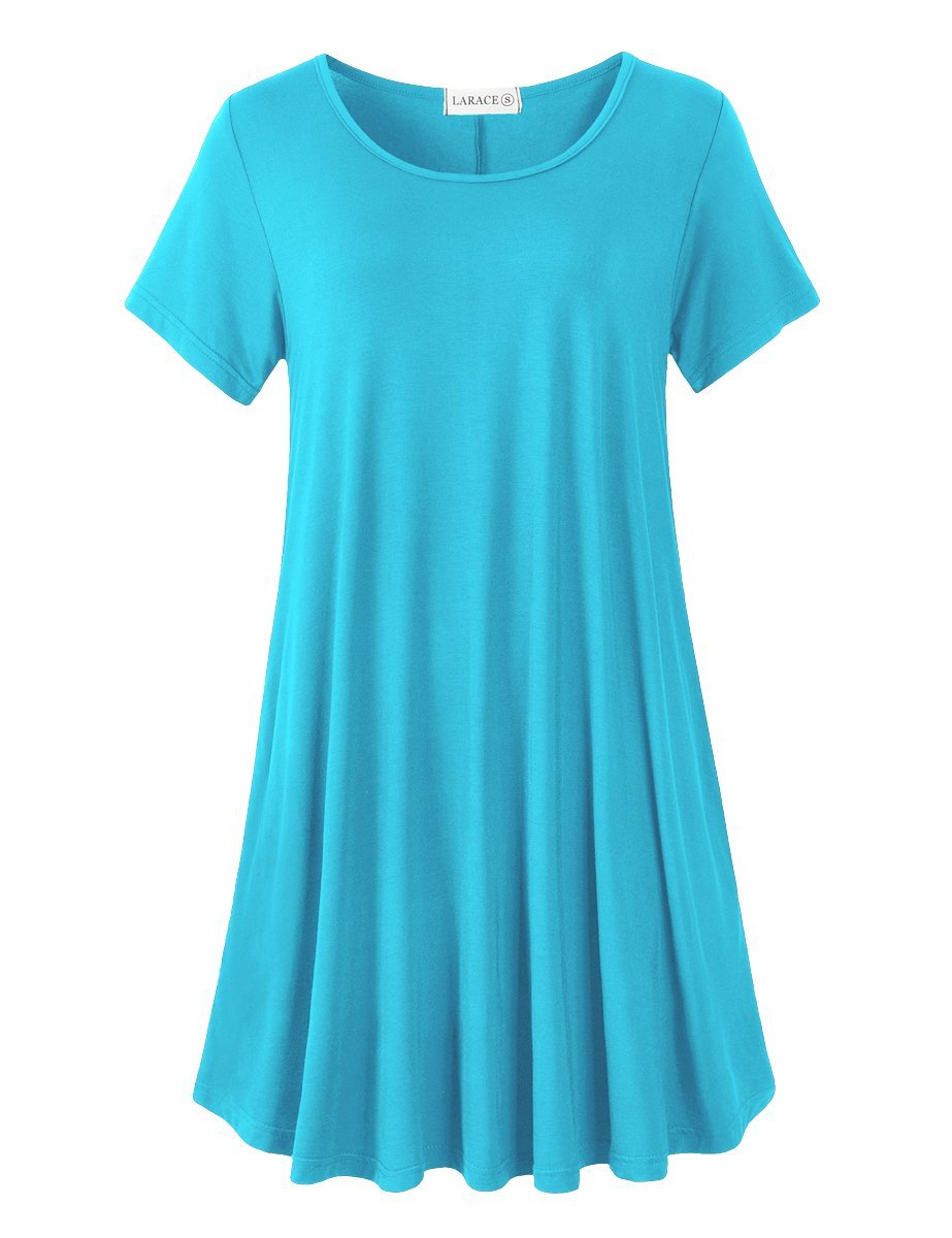 Women's Short Sleeve Swing Tunic Casual Pockets Loose T Shirt Dress-LARACE 8049.