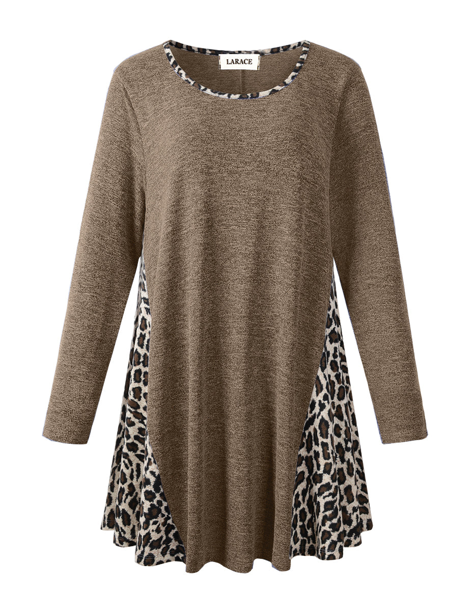 LARACE Plus Leopard Long Sleeve Flowy Shirt Loose Sweater-8084.