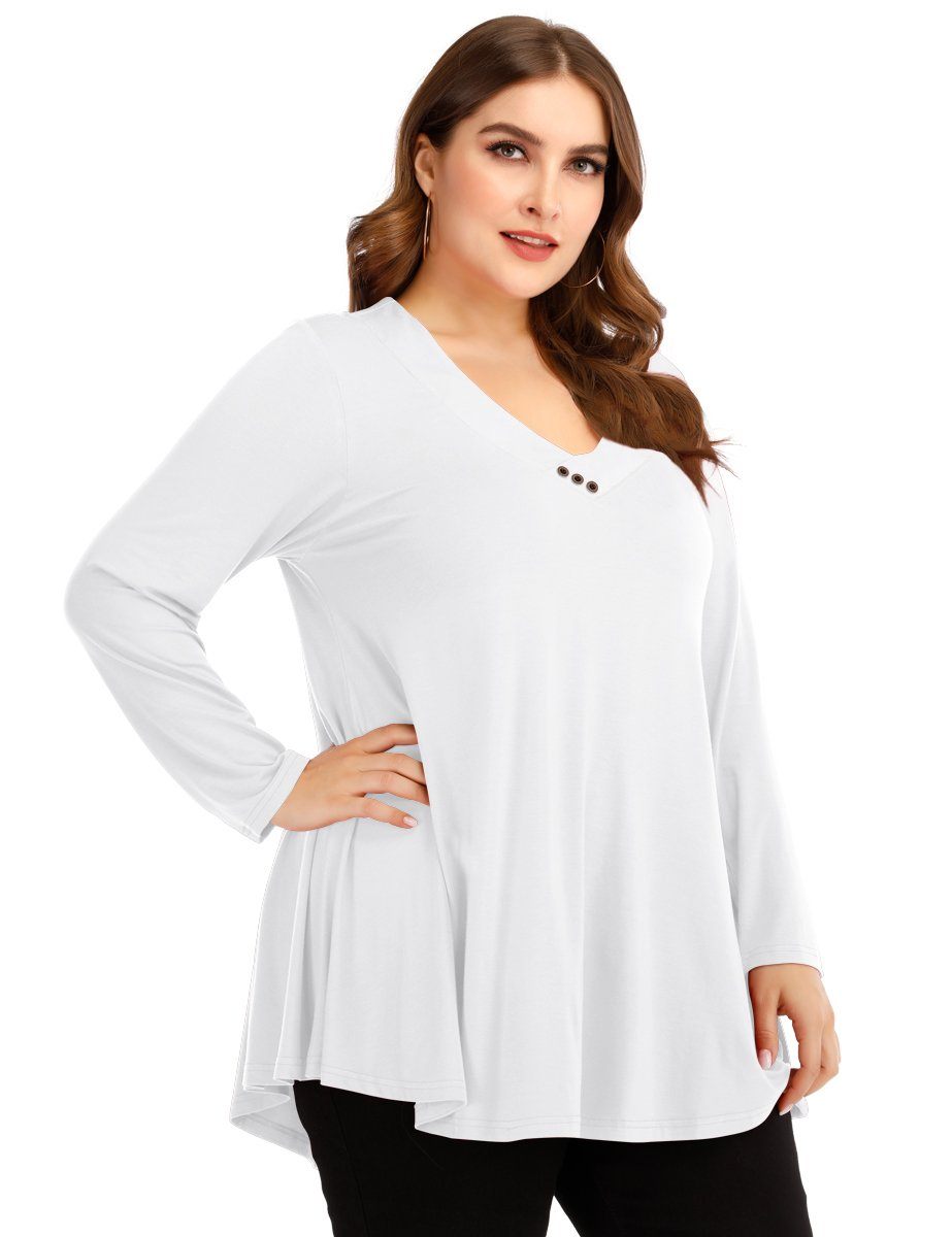 Plus Size Women Long Sleeve Casual Tops Ladies V Neck Blouse Shirt Solid  Basic