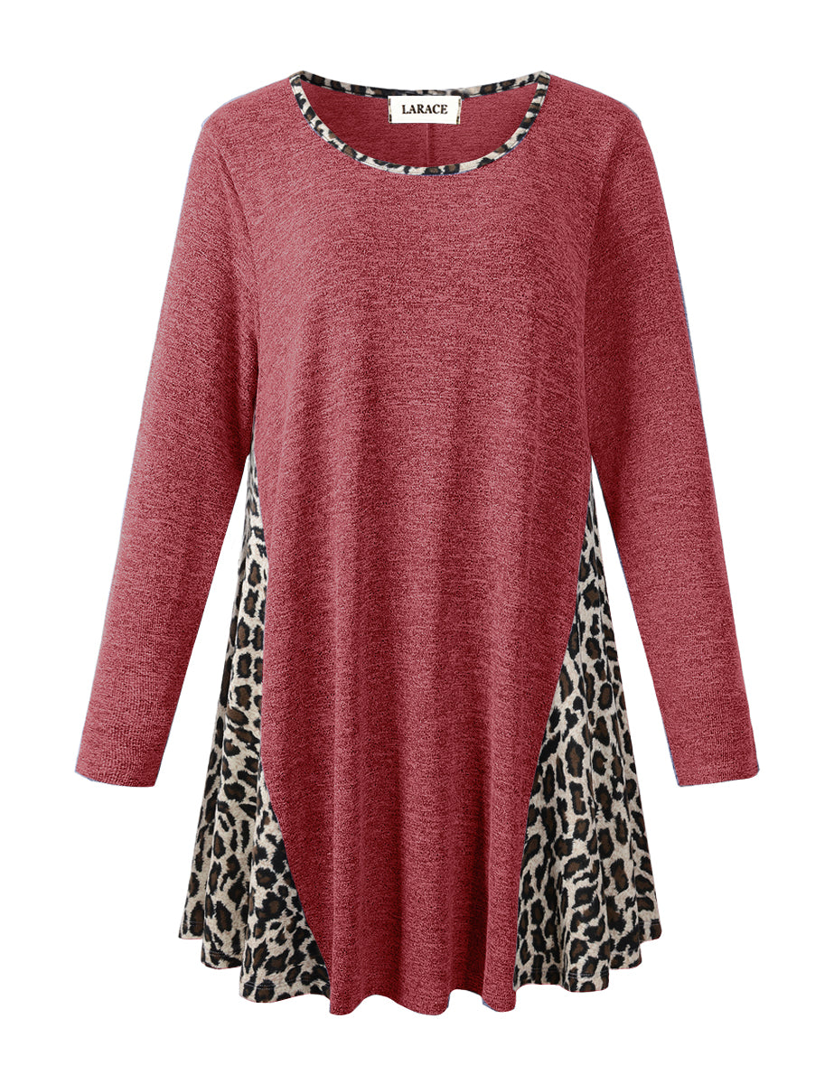 LARACE Plus Leopard Long Sleeve Flowy Shirt Loose Sweater-8084.