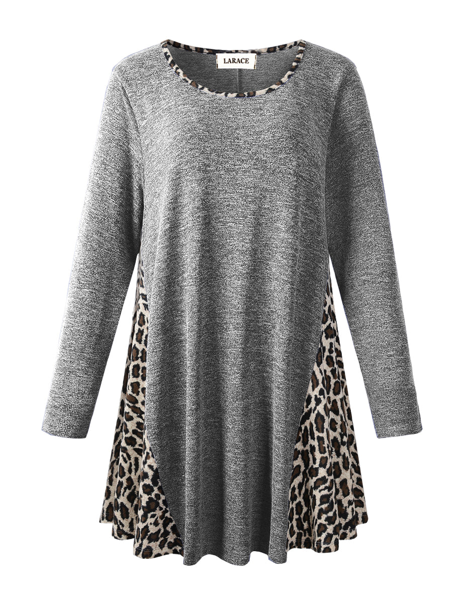 LARACE Plus Leopard Long Sleeve Flowy Shirt Loose Sweater-8084.