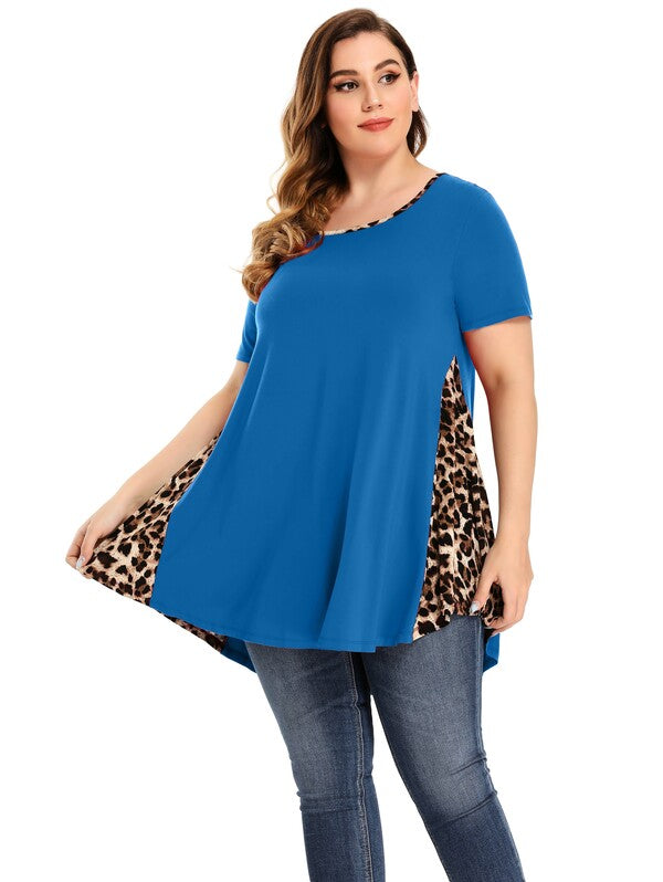 LARACE Color Block Leopard Print Tops for Women Plus Size Short Sleeve-8062.