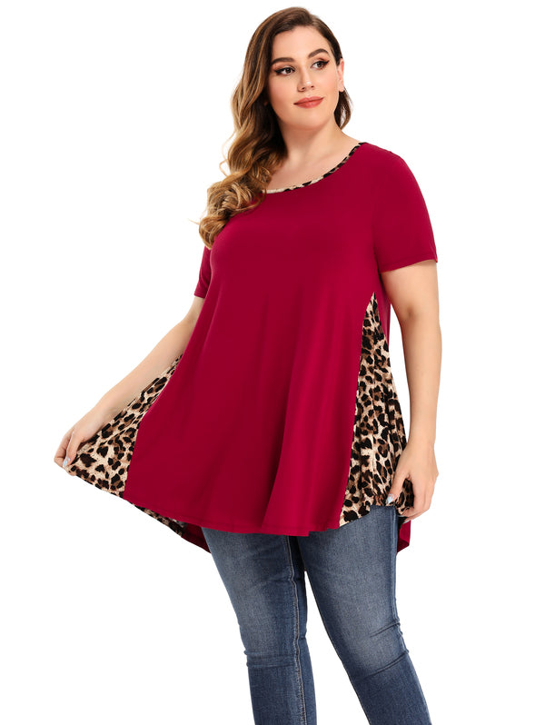 LARACE Color Block Leopard Print Tops for Women Plus Size Short Sleeve