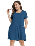 Women's Short Sleeve Swing Tunic Casual Pockets Loose T Shirt Dress-LARACE 8049.