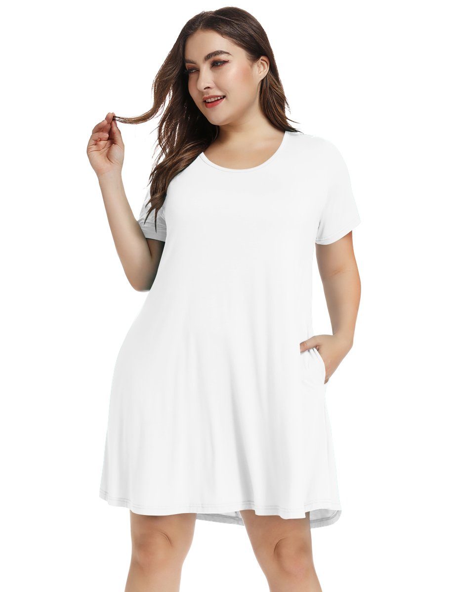 Women's Short Sleeve Swing Tunic Casual Pockets Loose T Shirt Dress-LARACE 8049.