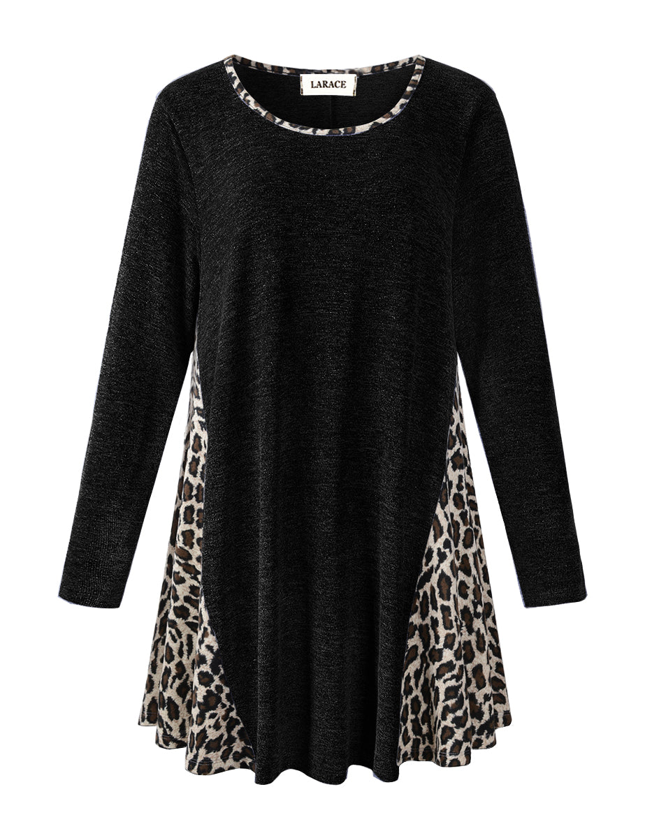 LARACE Plus Leopard Long Sleeve Flowy Shirt Loose Sweater-8084.