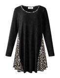 LARACE Plus Leopard Long Sleeve Flowy Shirt Loose Sweater-8084.