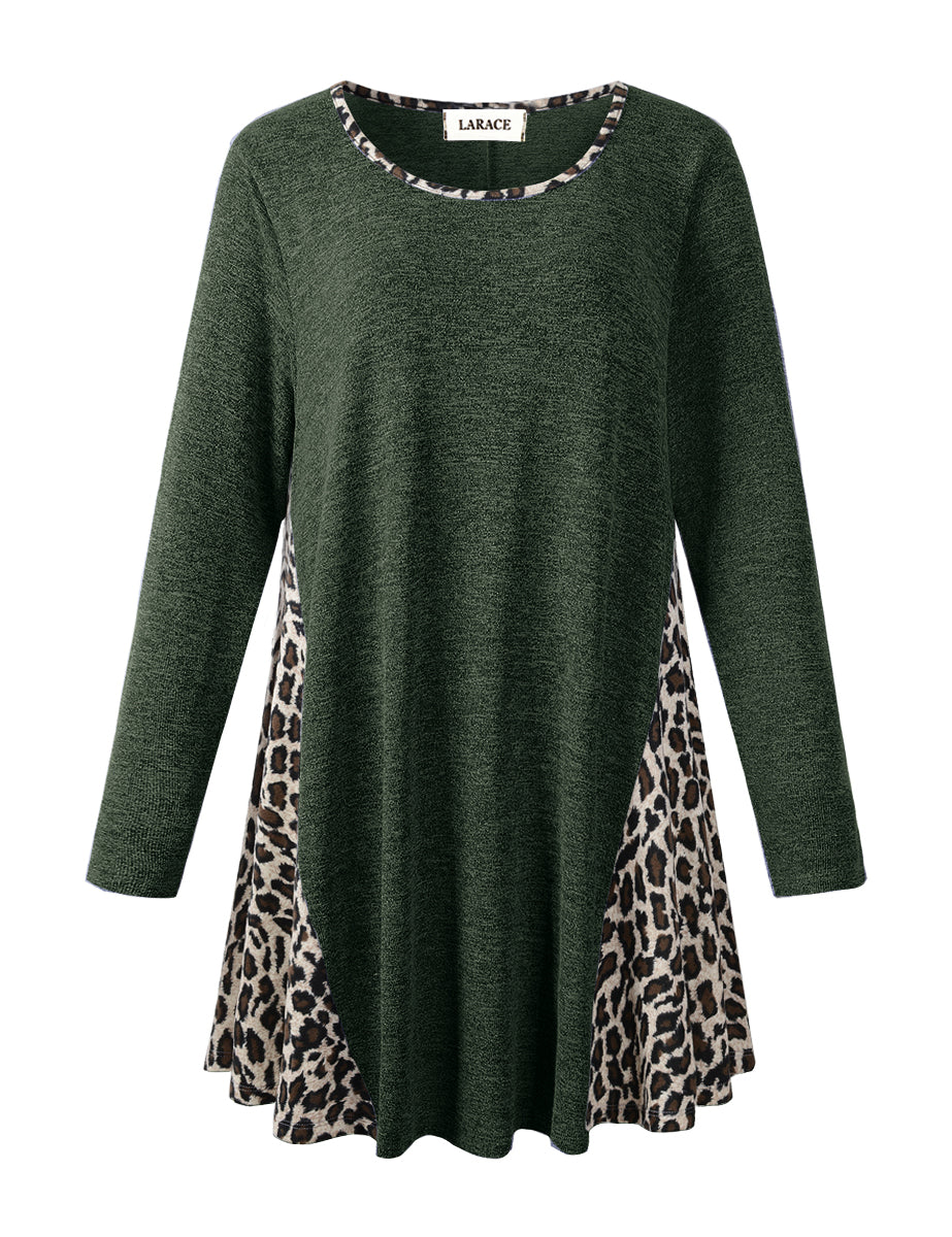 LARACE Plus Leopard Long Sleeve Flowy Shirt Loose Sweater-8084.