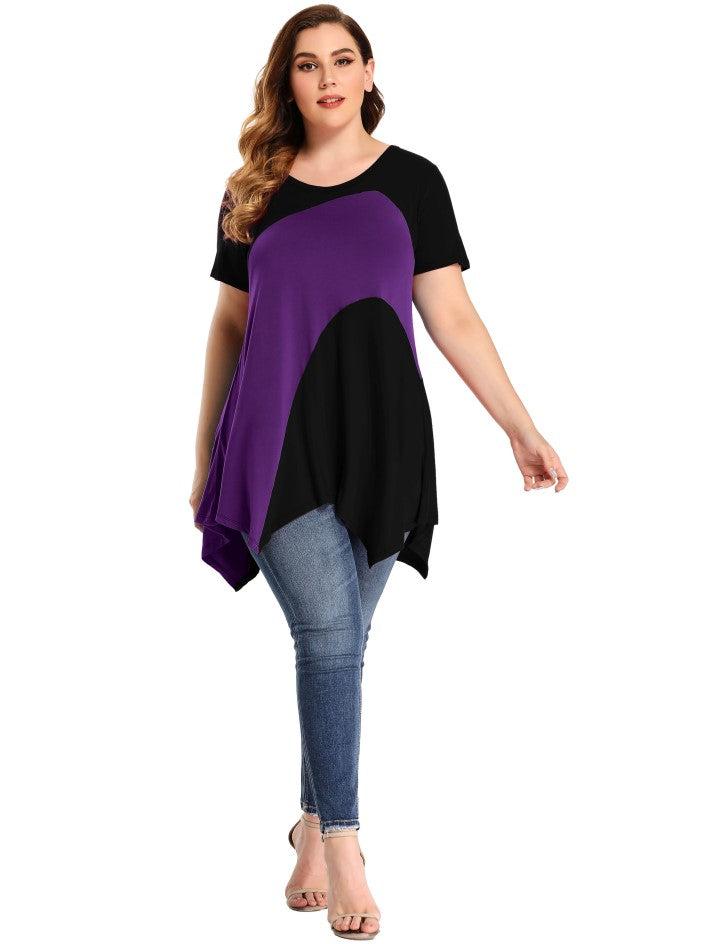 LARACE Color Block V-Neck Flattering Asymmetrical Hemline Long Shirt 6XL-8067.