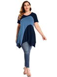 LARACE Color Block V-Neck Flattering Asymmetrical Hemline Long Shirt 6XL-8067.