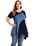LARACE Color Block V-Neck Flattering Asymmetrical Hemline Long Shirt 6XL-8067.