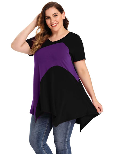 LARACE Color Block V-Neck Flattering Asymmetrical Hemline Long Shirt 6XL-8067.