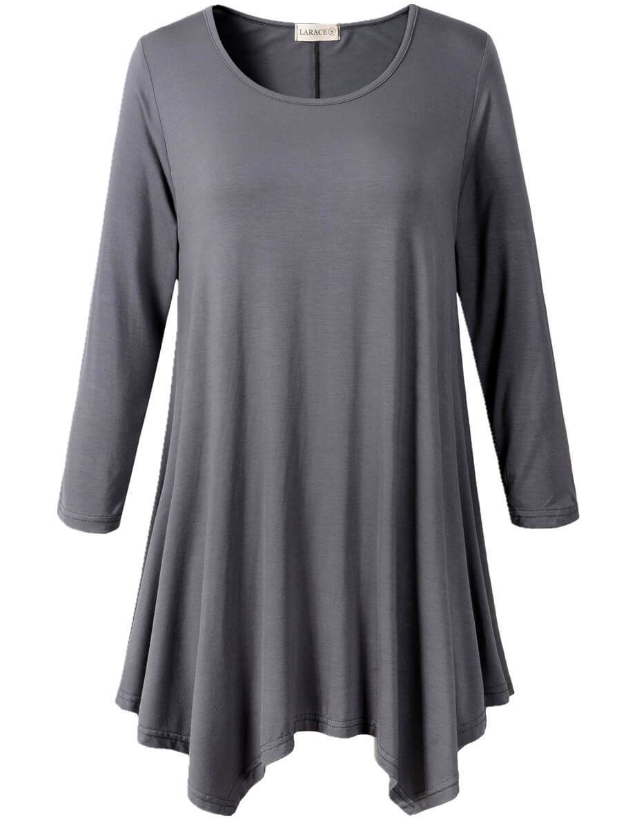 LARACE 3/4 Sleeve Plus Size Tunic Tops Loose Basic Shirt 8028 S-3 XL - deep  gray / S