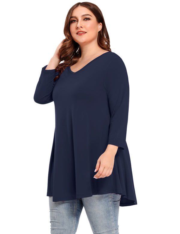 V Neck Loose Fit Flowy Long Sleeve Tunics Tops Plus Size for Women - L