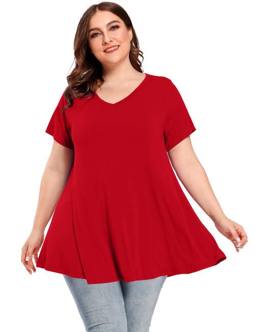 Women V Neck Loose Fit Flowy Short Sleeve Plus Size Casual Tops - LARACE 8059.