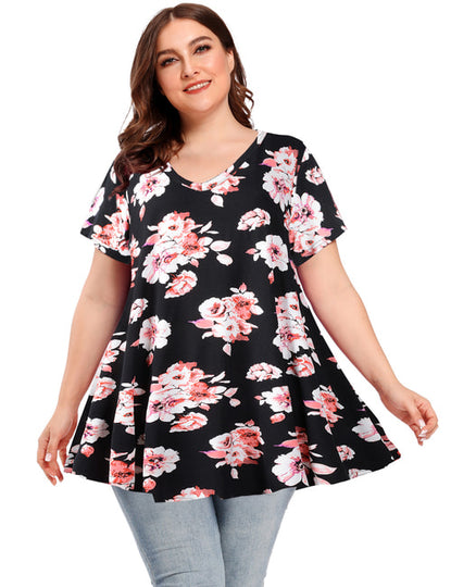 Women V Neck Loose Fit Flowy Short Sleeve Plus Size Casual Tops - LARACE 8059.