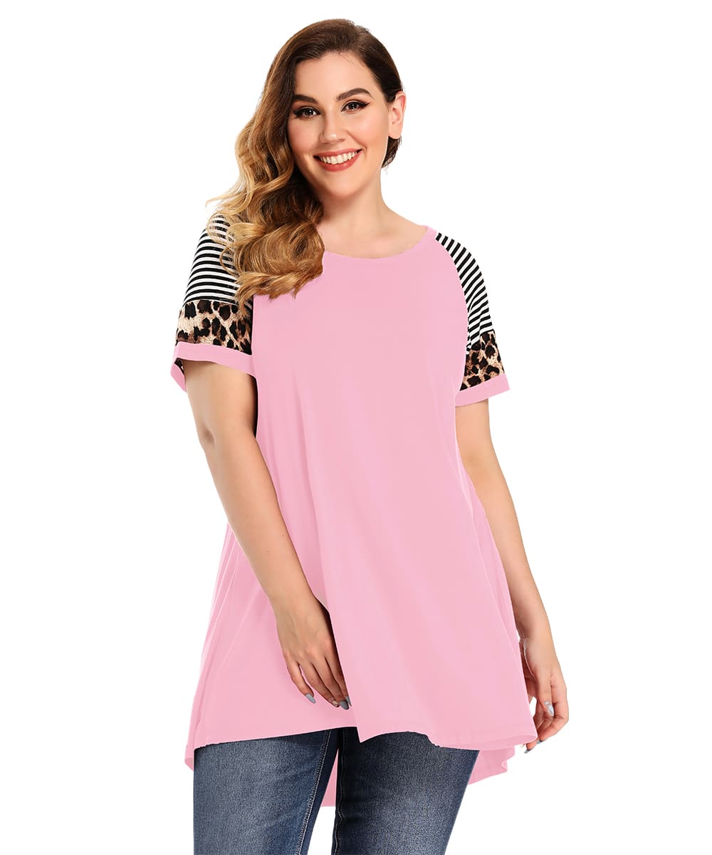 LARACE Leopard Print Tunics Color Block Long Tee Shirt 6XL-8064.