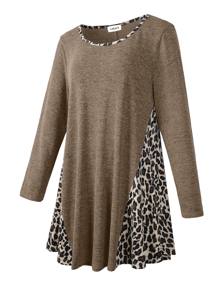 LARACE Plus Leopard Long Sleeve Flowy Shirt Loose Sweater-8084.