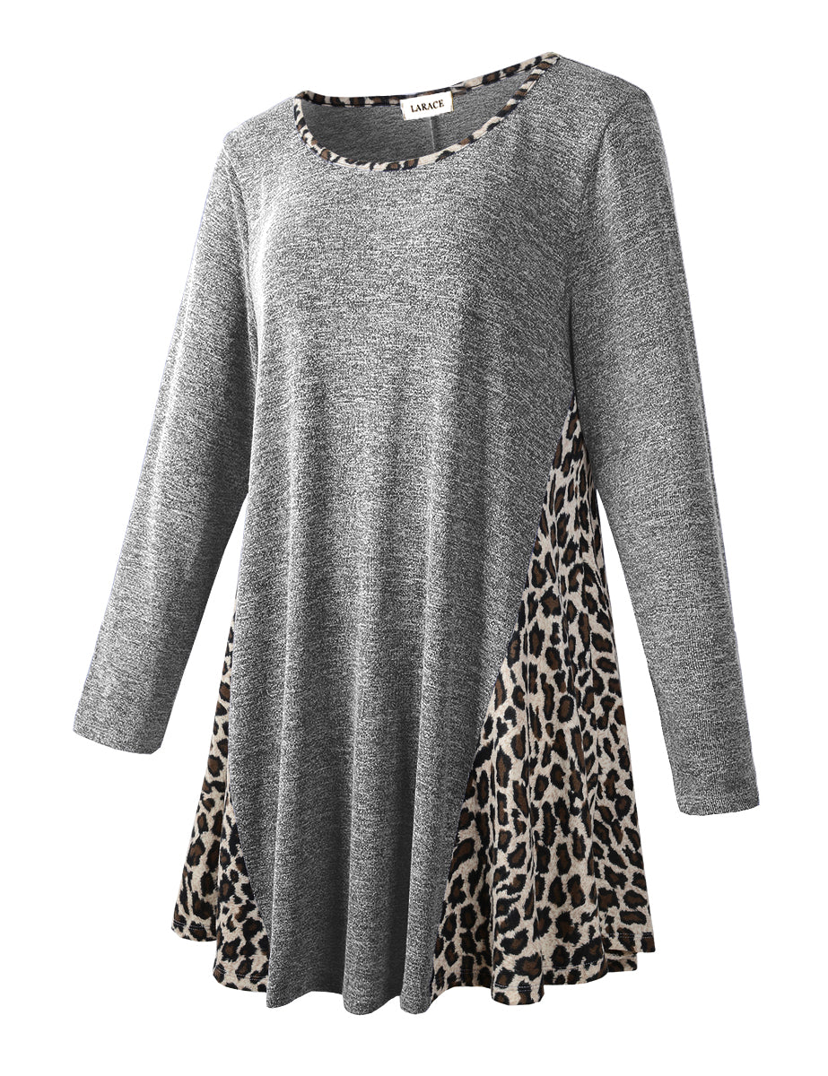 LARACE Plus Leopard Long Sleeve Flowy Shirt Loose Sweater-8084.