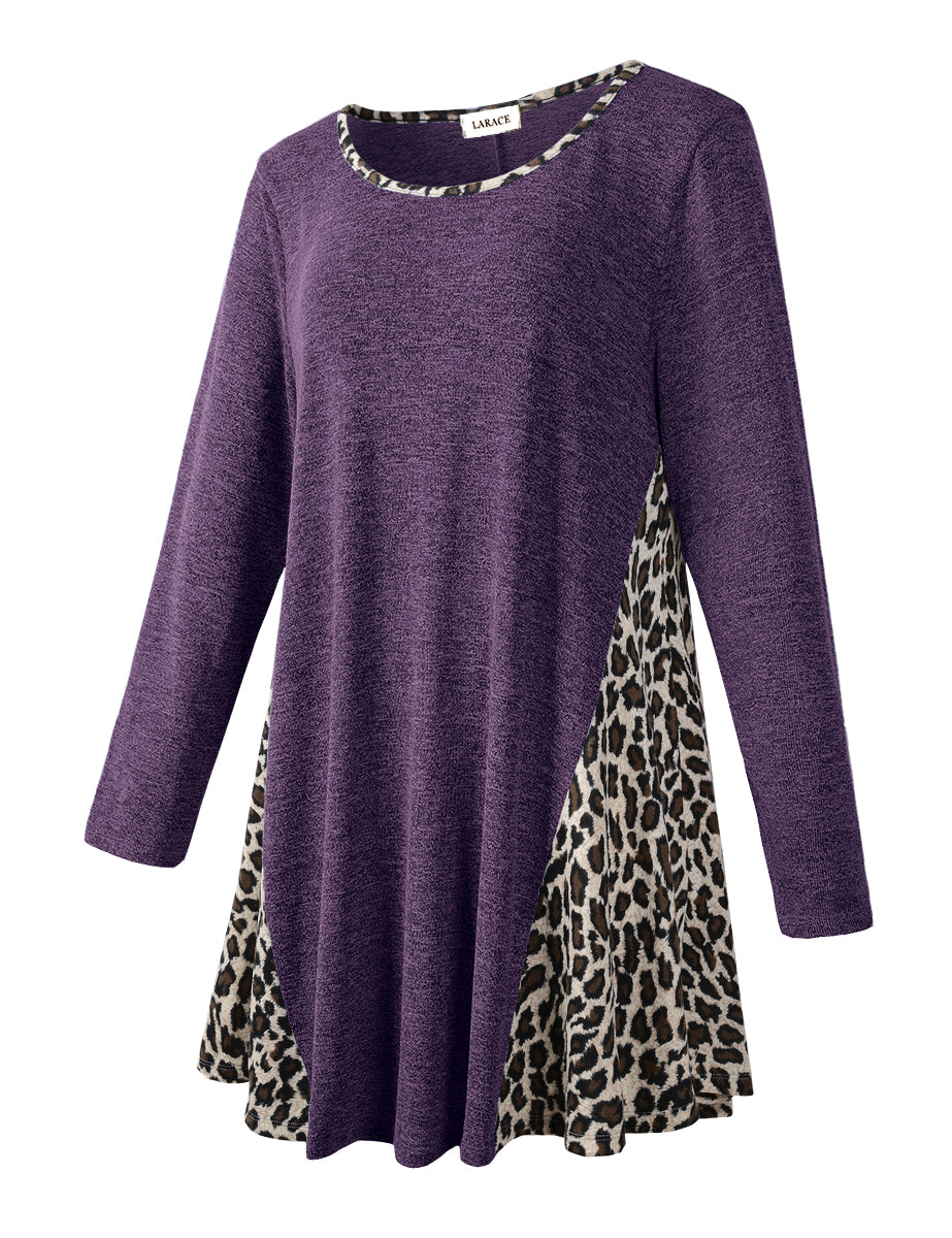 LARACE Plus Leopard Long Sleeve Flowy Shirt Loose Sweater-8084.