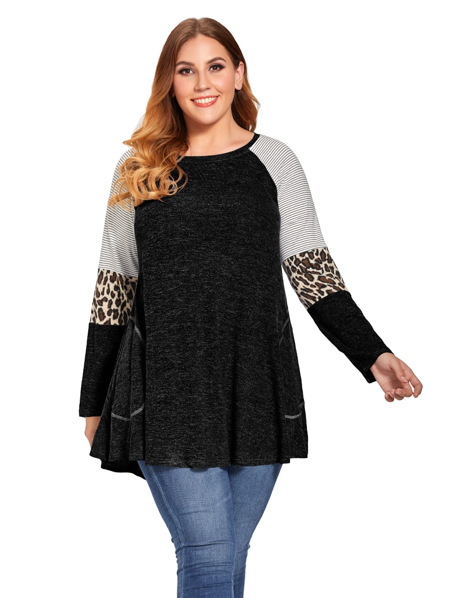 LARACE Plus Size Leopard Long Sleeve Shirt with Pocket-8083.