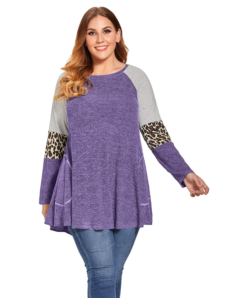 LARACE Plus Size Leopard Long Sleeve Shirt with Pocket-8083.