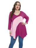 Color Block  Tunic V-Neck Plus Size  3/4 Sleeves Tops-LARACE 8082.