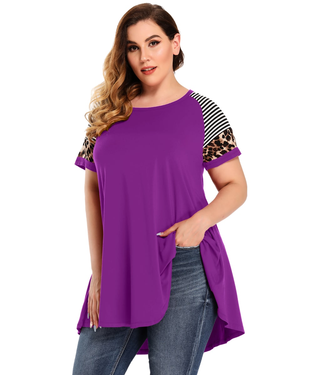 LARACE Leopard Print Tunics Color Block Long Tee Shirt-8064.