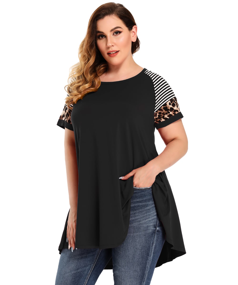 LARACE Leopard Print Tunics Color Block Long Tee Shirt-8064.