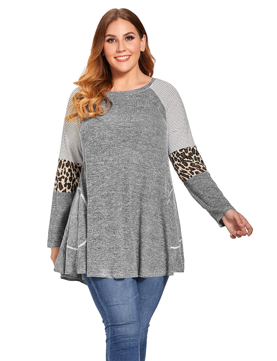 LARACE Plus Size Leopard Long Sleeve Shirt with Pocket-8083.