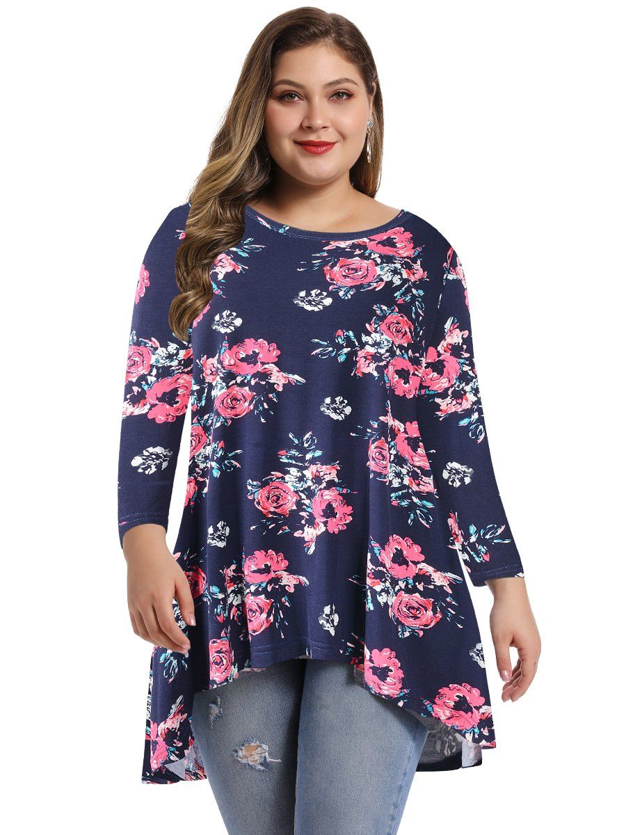 Women's Plus Size Tops floral printed 3/4 Sleeve Loose Fit Flare Swing Tunic -LARACE 8052.