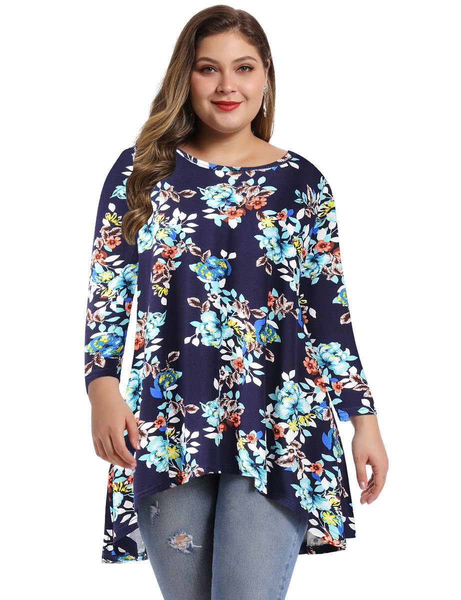 Women's Plus Size Tops floral printed 3/4 Sleeve Loose Fit Flare Swing Tunic -LARACE 8052.