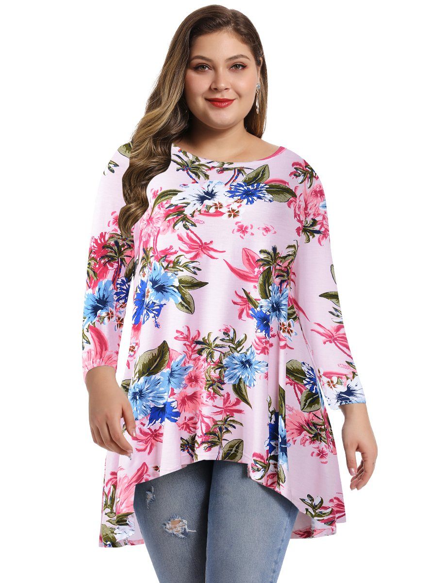 Women's Plus Size Tops floral printed 3/4 Sleeve Loose Fit Flare Swing Tunic -LARACE 8052.