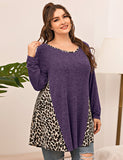 LARACE Plus Leopard Long Sleeve Flowy Shirt Loose Sweater-8084.