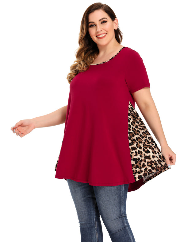 LARACE Color Block Leopard Print Tops for Women Plus Size Short Sleeve-8062.