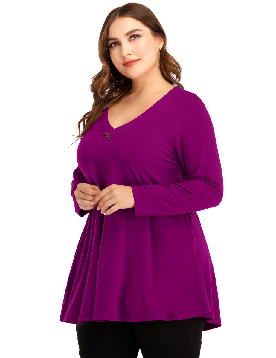 Women's Plus Size Tunic Long Sleeve V Neck Blouses Basic Shirt-LARACE