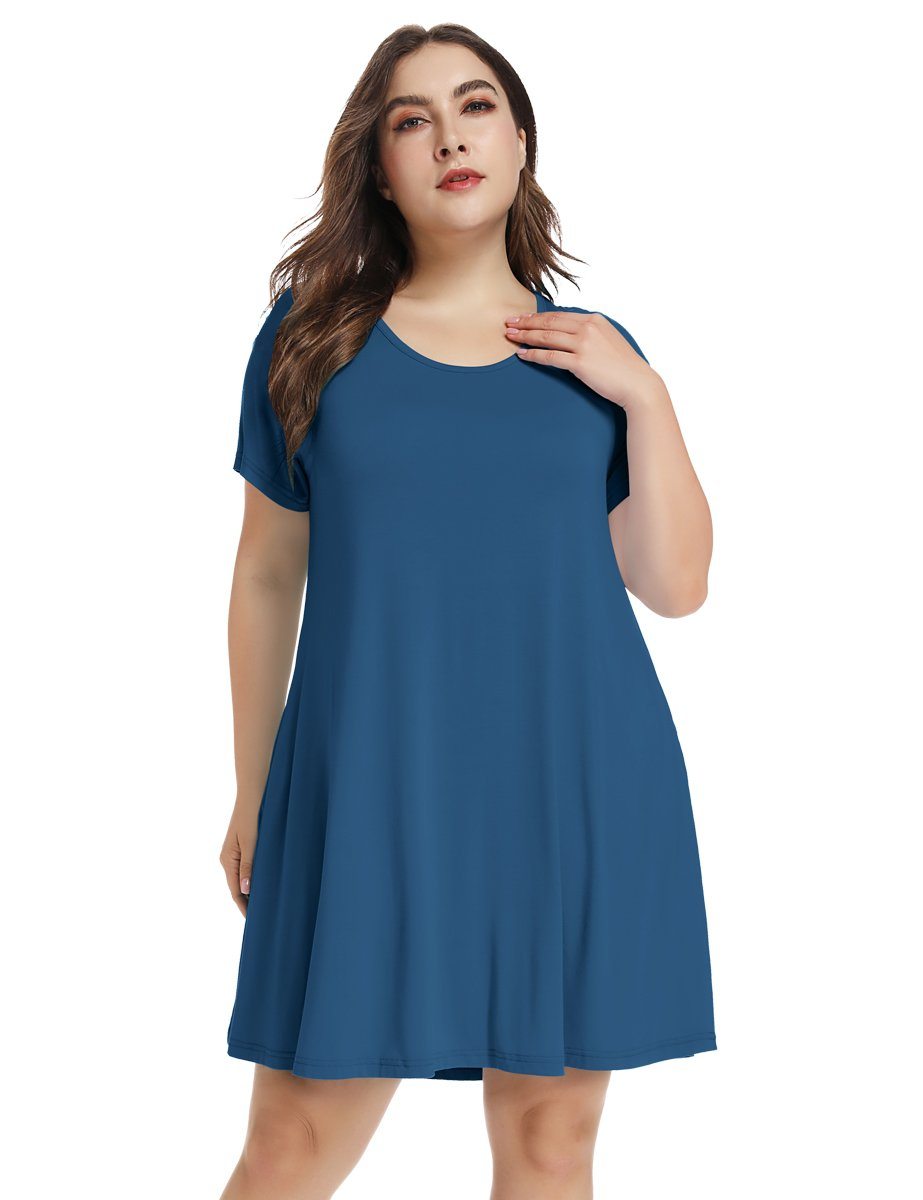 Women's Short Sleeve Swing Tunic Casual Pockets Loose T Shirt Dress-LA