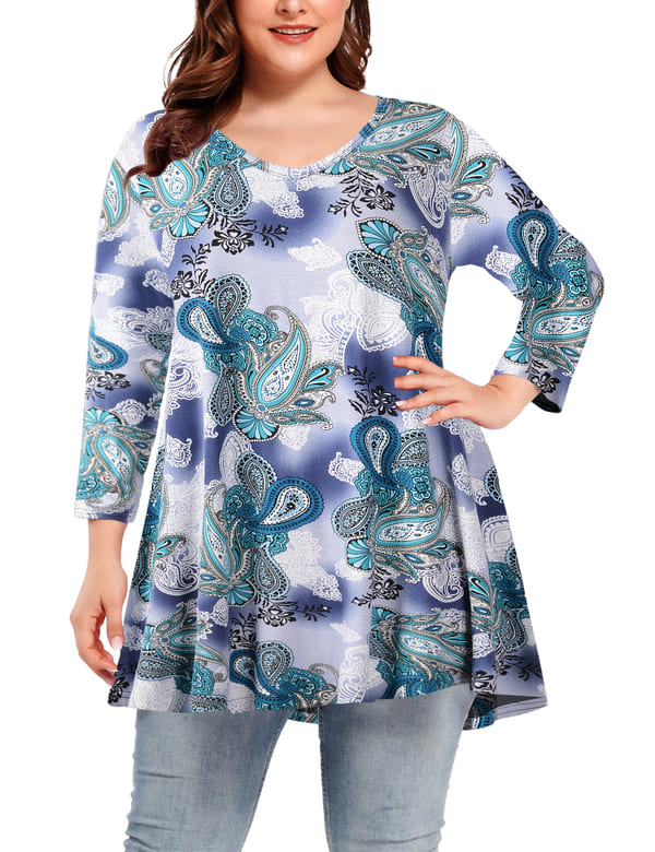 Women's V Loose Fit Flowy 3/4 Sleeve Plus Size Top -LARACE 8057