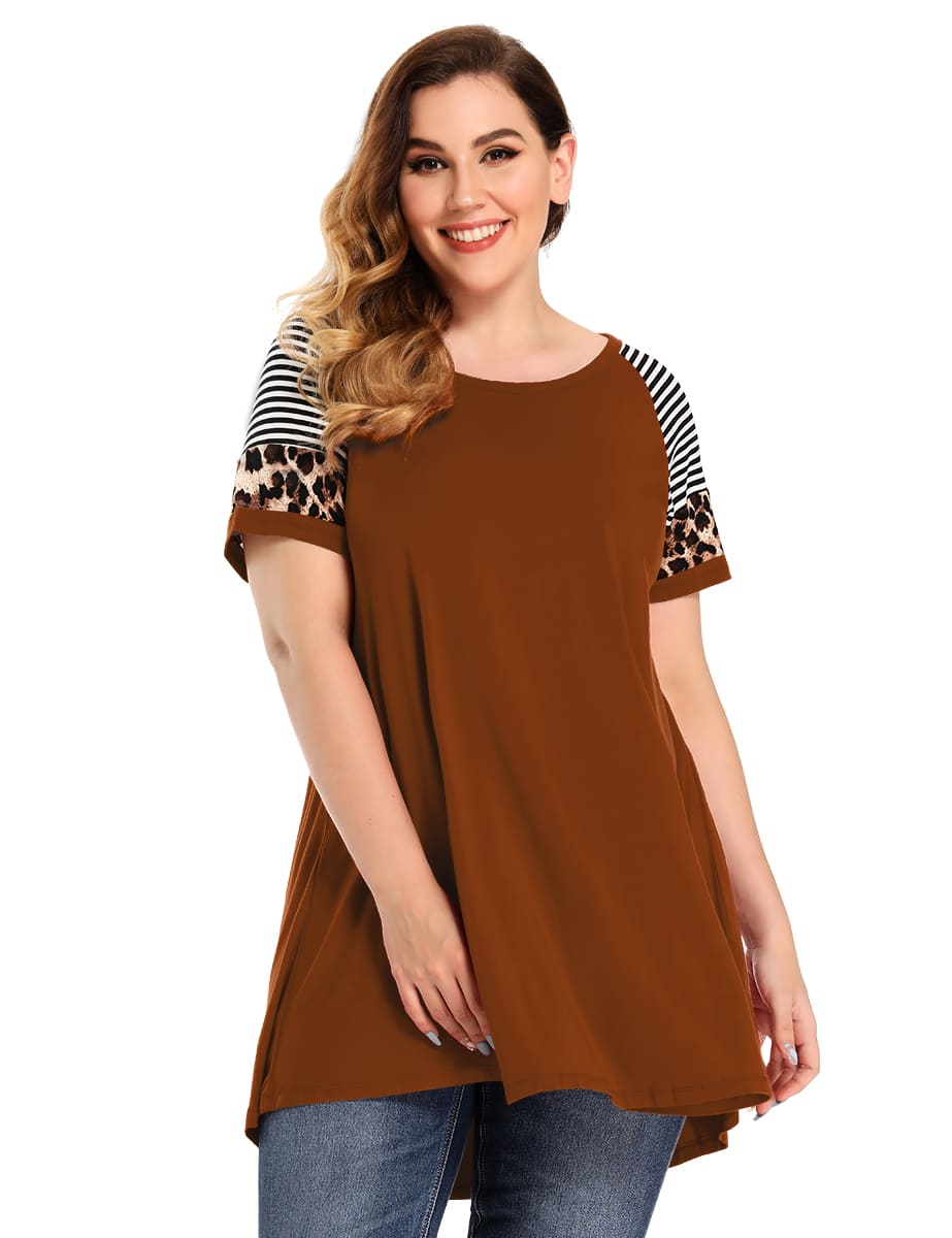 LARACE Leopard Print Tunics Color Block Long Tee Shirt-8064.