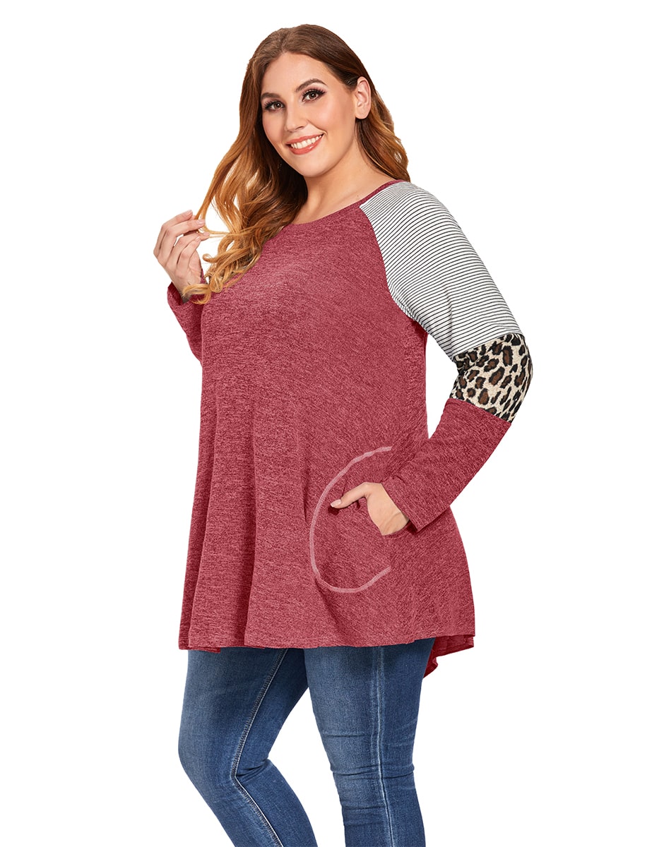 LARACE Plus Size Leopard Long Sleeve Shirt with Pocket-8083.