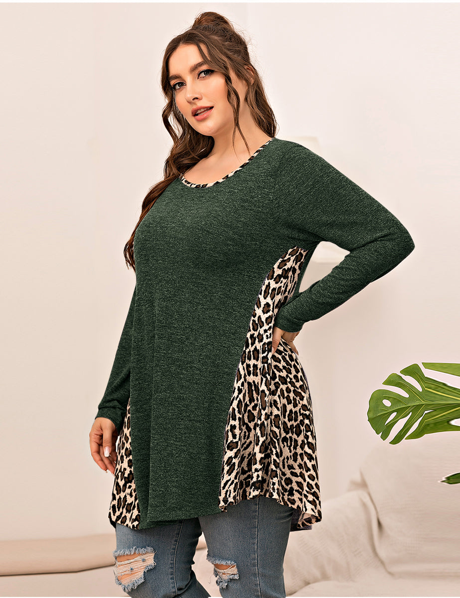 LARACE Plus Leopard Long Sleeve Flowy Shirt Loose Sweater-8084.