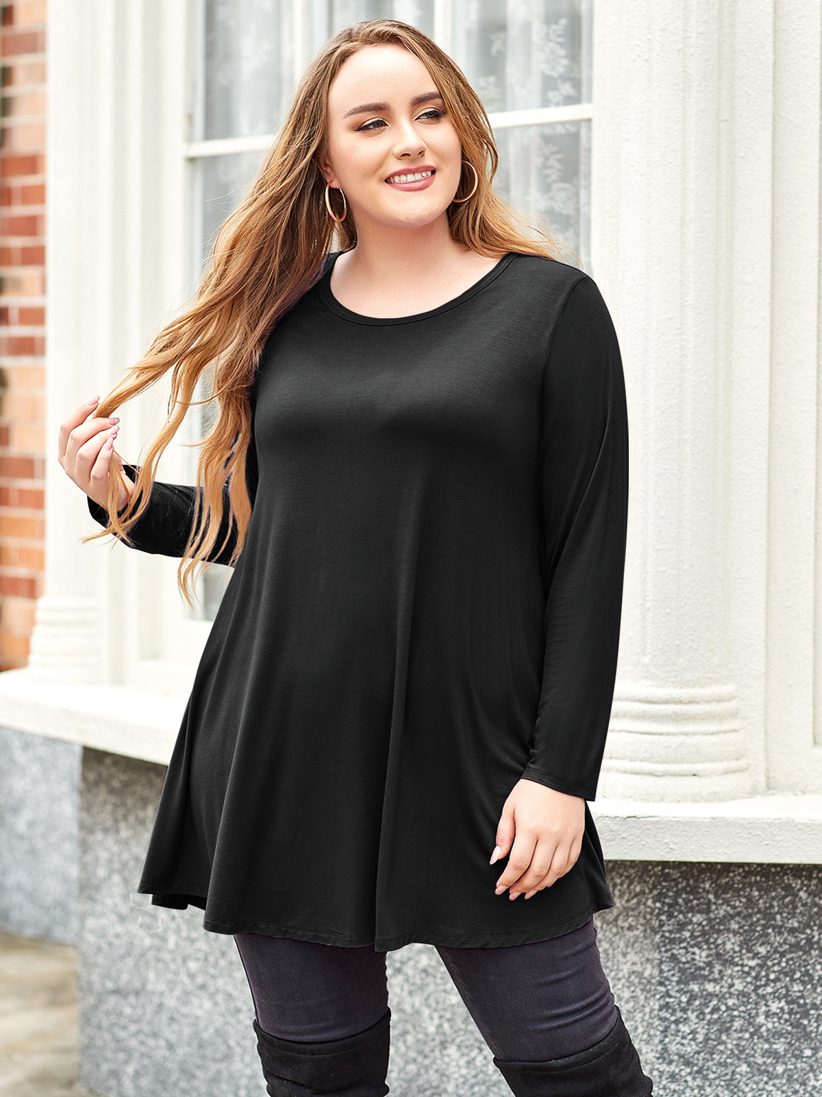 Plus Size Basic Stretch Knit Solid Fitted Scoop Neck Long Sleeve Tee