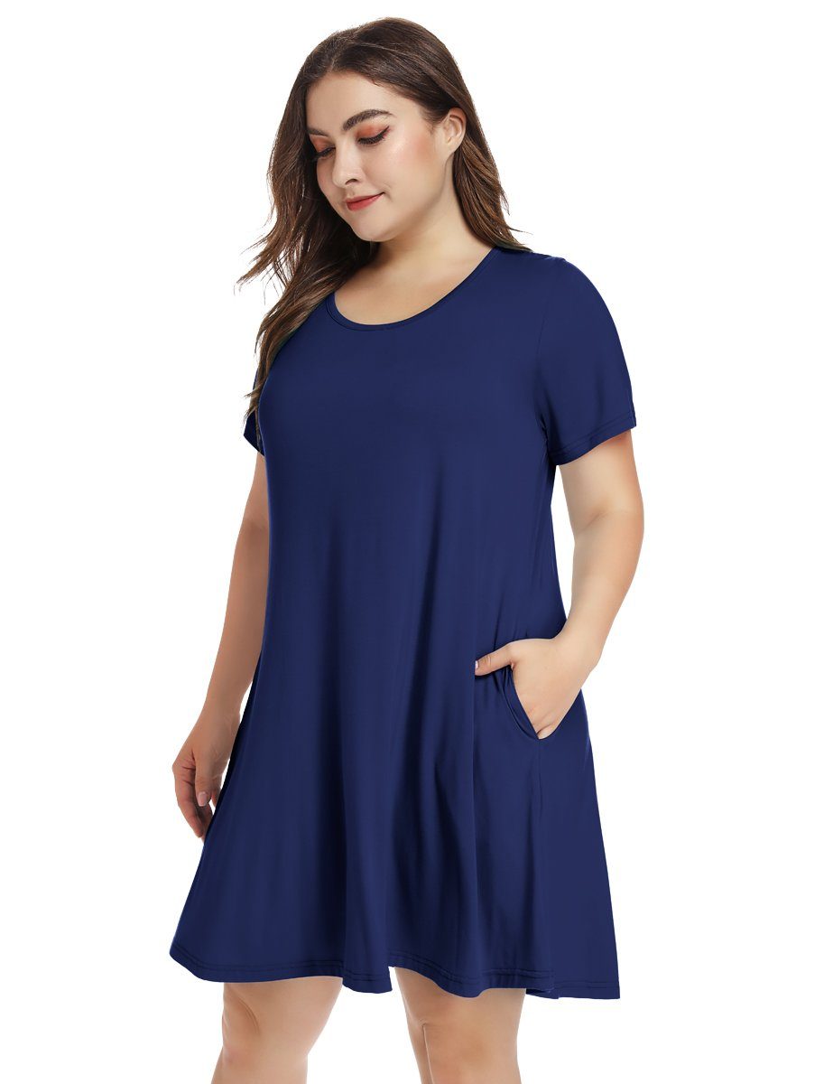 Women's Short Sleeve Swing Tunic Casual Pockets Loose T Shirt Dress-LARACE 8049.