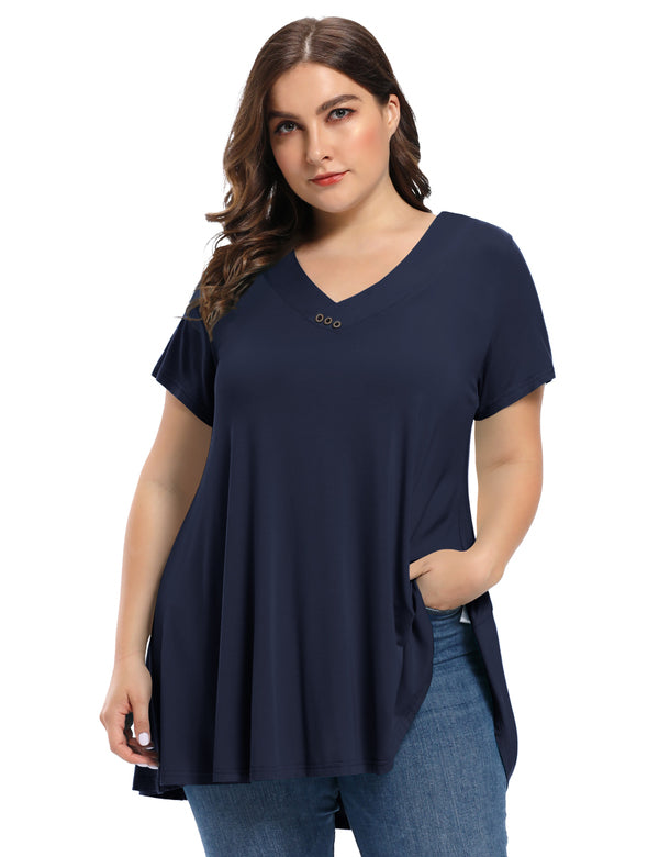 Women's Plus Size Tunic Short Sleeve V Neck Blouses Basic Shirt-LARACE 8054.