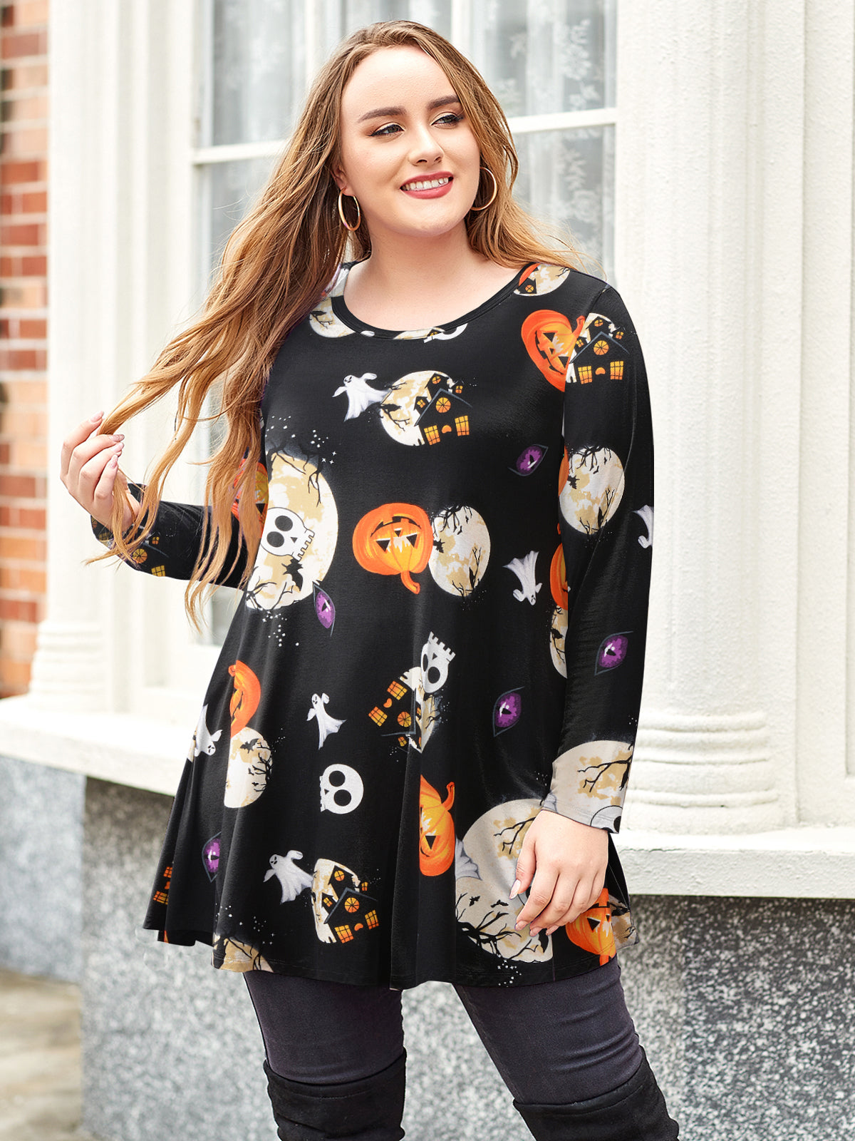 LARACE Plus Size Tunic Tops for Women Long Sleeve Swing Shirt Loose Fit  Flowy Clothing for Leggings 8053 - Flower42_Halloween / 1XL