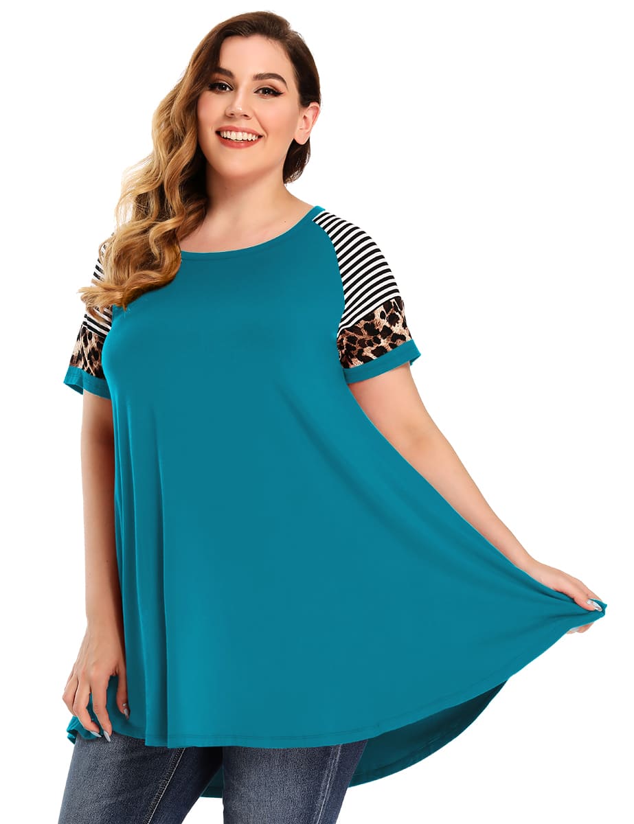 LARACE Leopard Print Tunics Color Block Long Tee Shirt-8064.