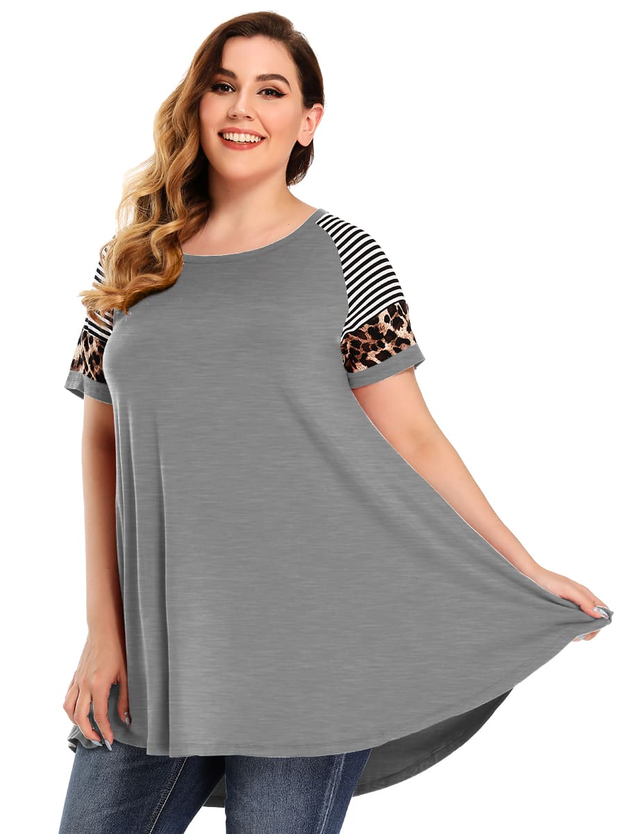 LARACE Leopard Print Tunics Color Block Long Tee Shirt-8064.